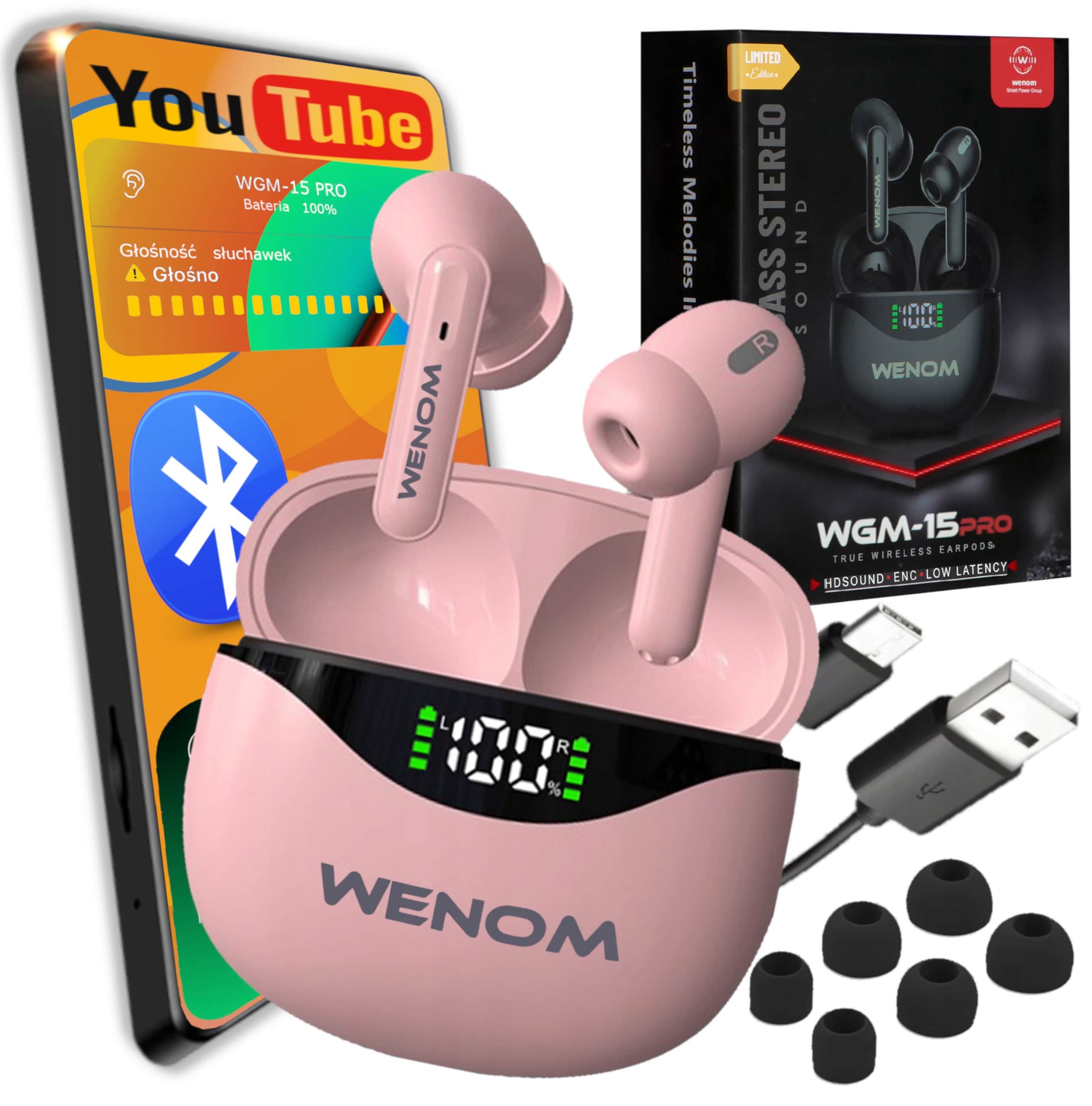 Słuchawki bezprzewodowe Sportowe 15pro Enc TWS Bluetooth 5,3 z POWERBANKIEM