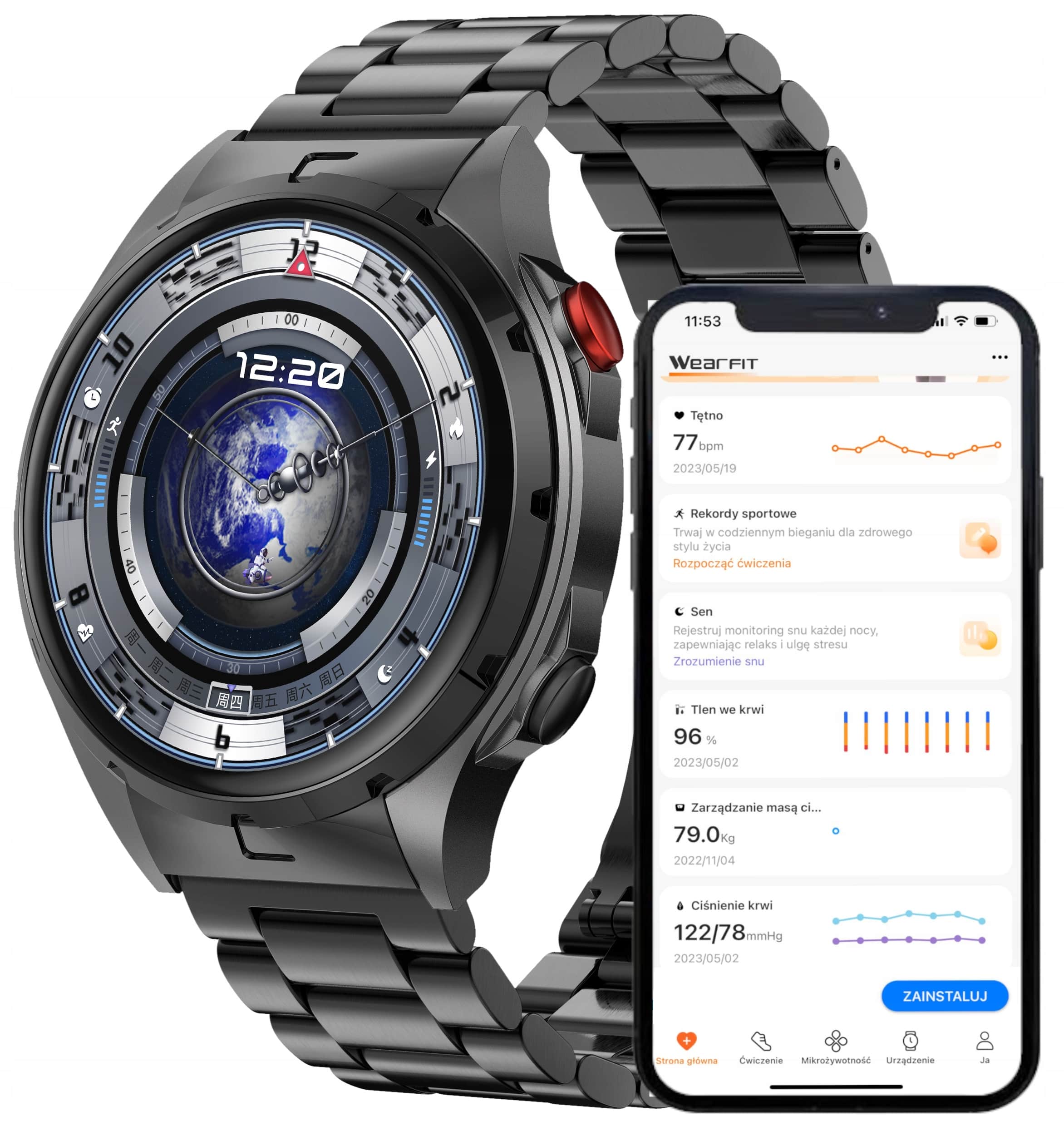 Smartwatch Męski Zegarek AMOLED Czarny Tętno Ciśnienie Smart Watch Sport